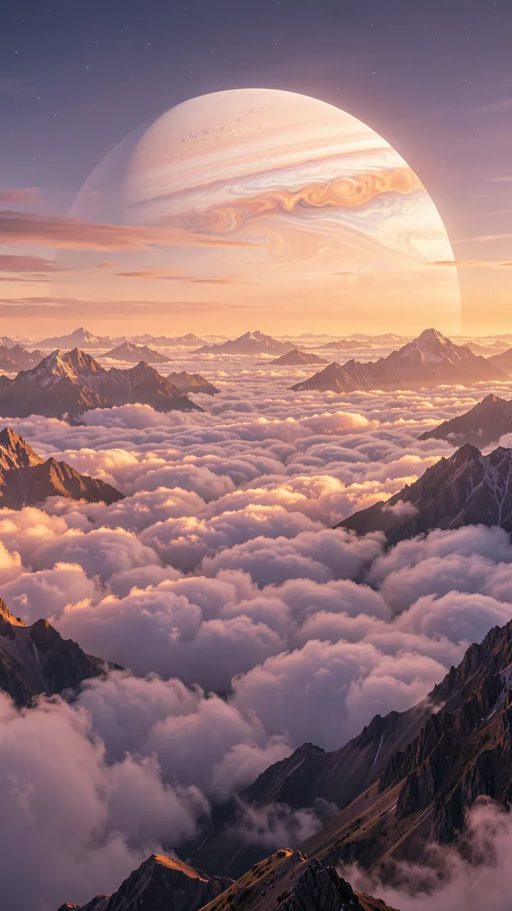 A vast sea of clouds surrounds jagged mountain peaks as a striped gas giant rises at sunrise above the horizon.