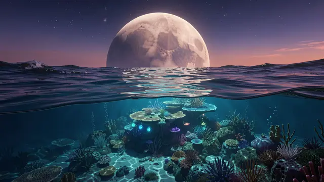 Split view of an alien ocean with glowing underwater reef and a giant setting planet at dusk