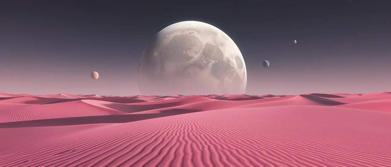 Rippled pink alien desert dunes stretch below a large pale orb and smaller moons on a twilight starry sky.
