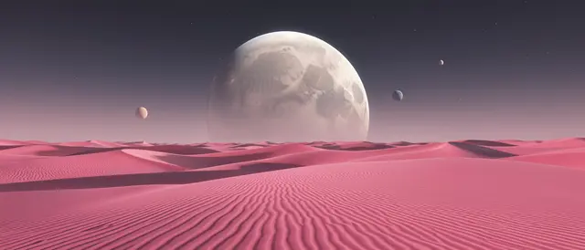 Rippled pink alien desert dunes stretch below a large pale orb and smaller moons on a twilight starry sky.