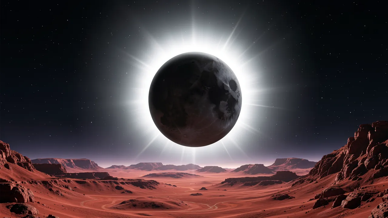 A total solar eclipse with a glowing star corona hangs above rugged red rock plains on a distant alien world
