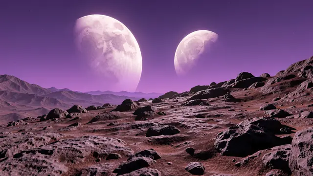 Rocky alien terrain stretches under a purple sky with two large moons rising above the horizon