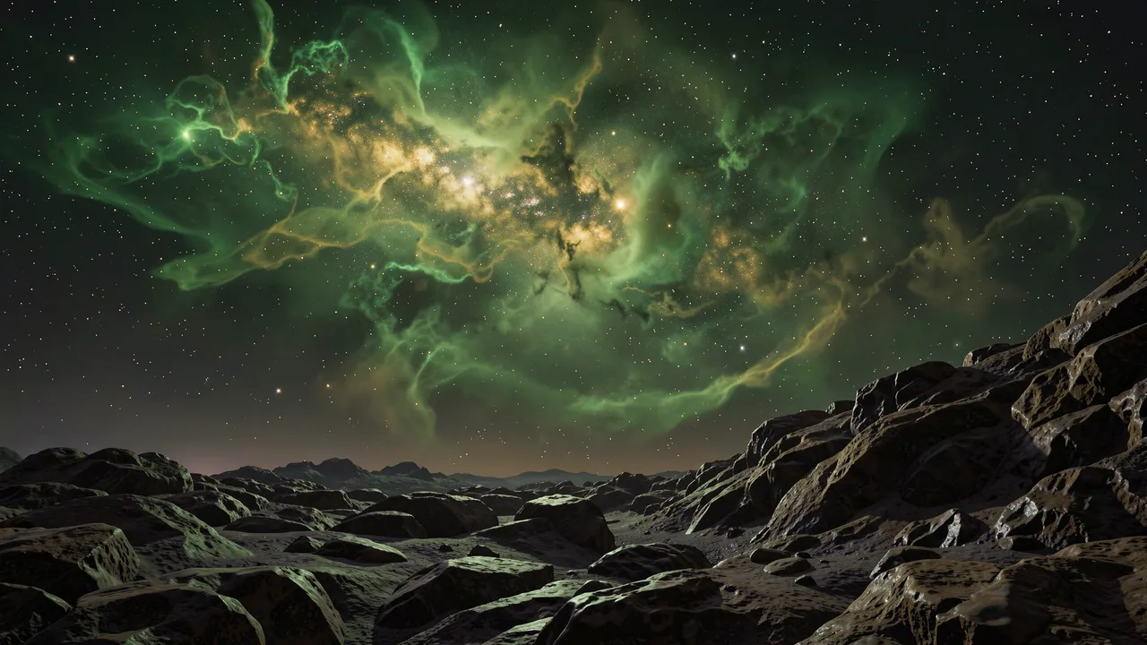 Rocky alien landscape stretches out beneath a vast swirling green and gold nebula in a starry night sky