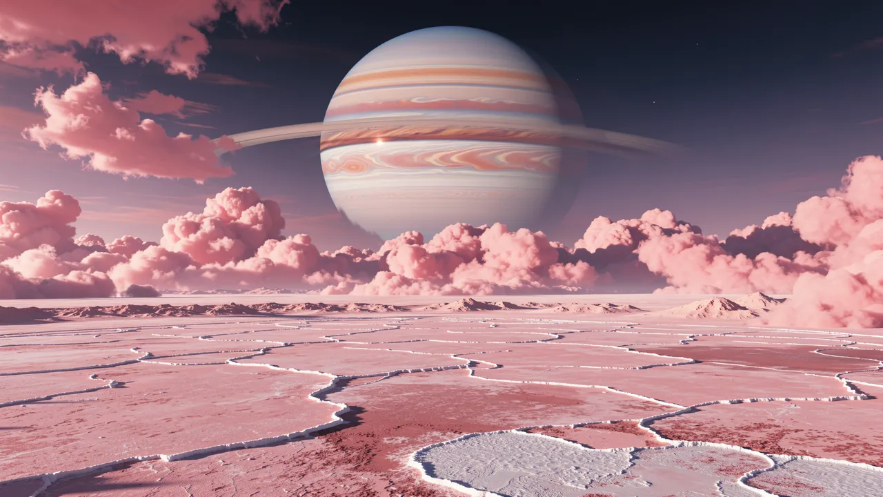 Pink alien salt flats stretch beneath pink clouds and a large banded ringed gas giant in the sky