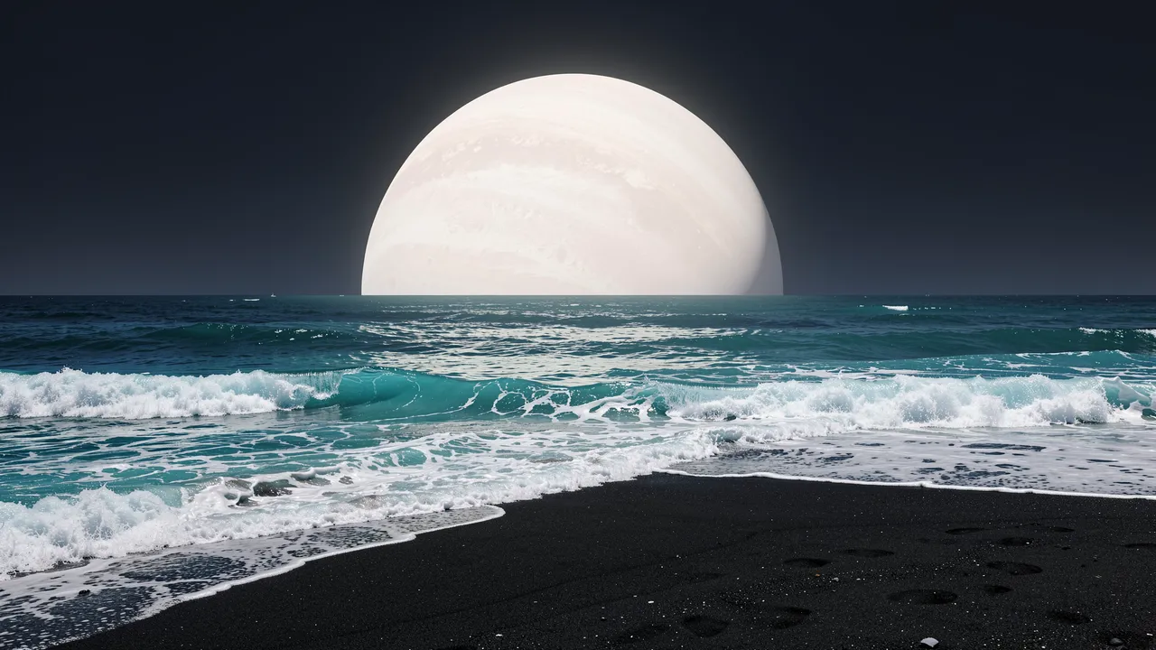Turquoise ocean waves lap at black sand beneath a huge pale rising planet over a dark sky.