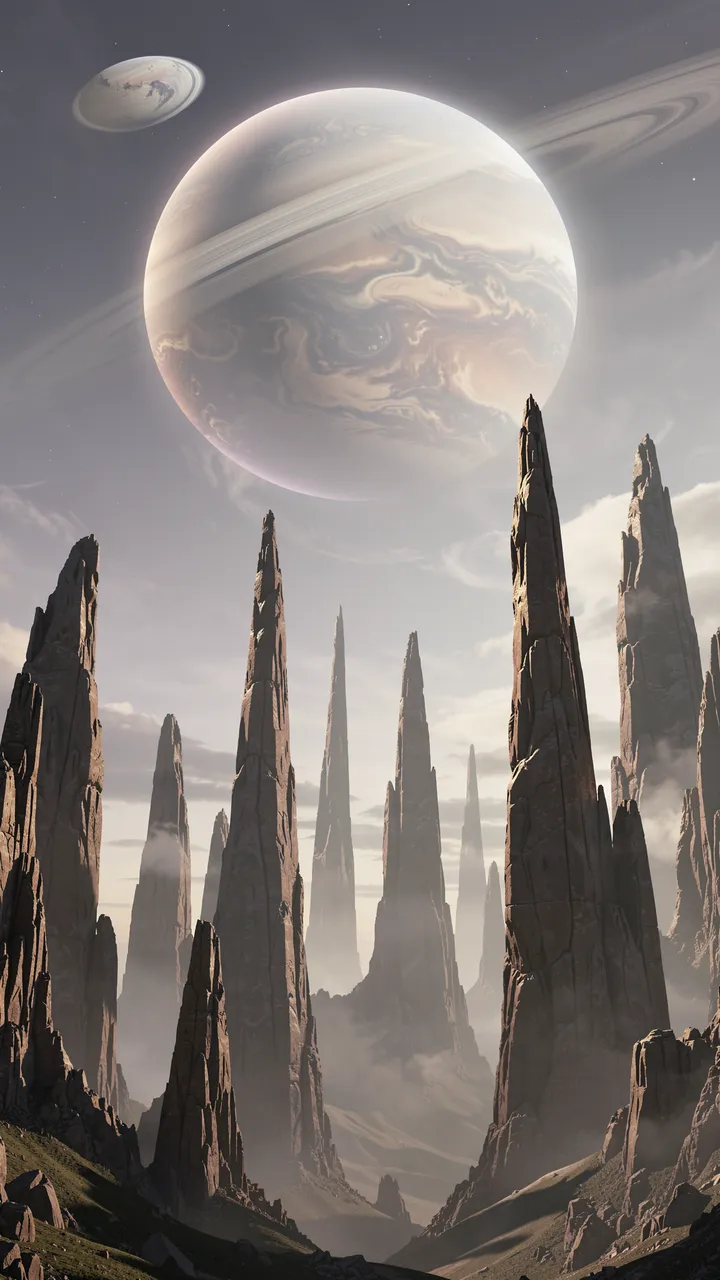 Tall jagged rock spires rise beneath a large ringed gas giant and smaller orb in a hazy alien sky