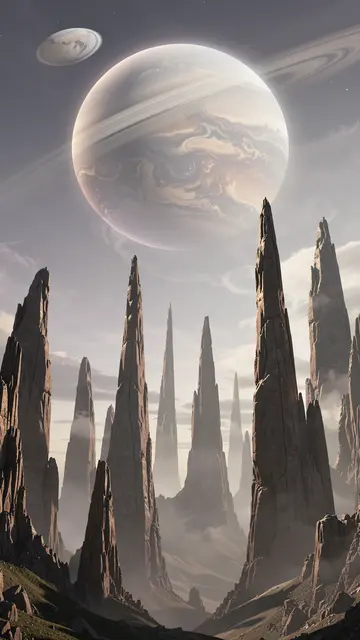 Tall jagged rock spires rise beneath a large ringed gas giant and smaller orb in a hazy alien sky