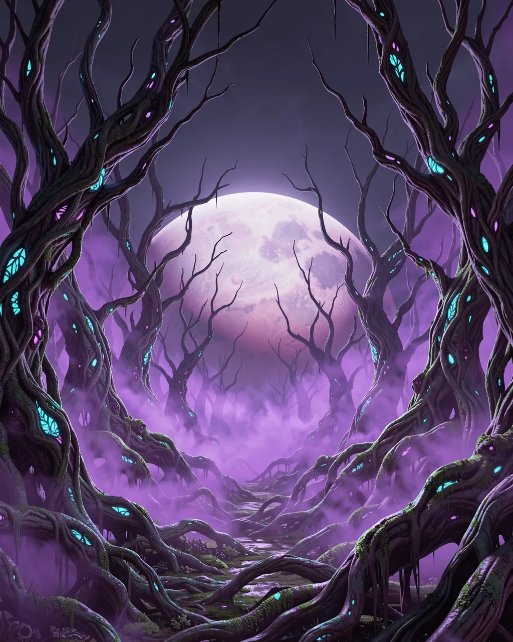 Twisted glowing alien trees rise from a violet misty swamp beneath a large hanging celestial planet