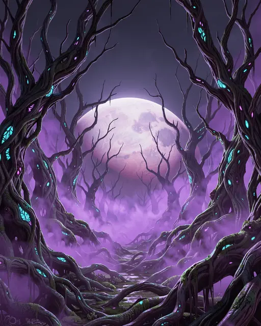 Twisted glowing alien trees rise from a violet misty swamp beneath a large hanging celestial planet