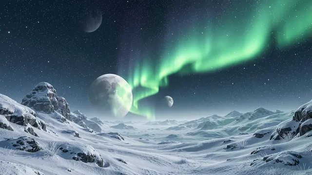 Snowy alien tundra landscape under rippling green aurora, multiple moons and dense stars overhead