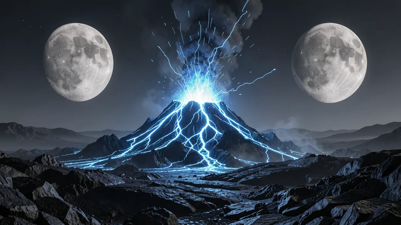 An erupting alien volcano glows with bright blue lava on dark basalt plains beneath two large full moons in a dark night sky