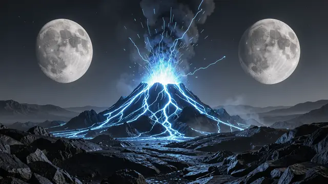 An erupting alien volcano glows with bright blue lava on dark basalt plains beneath two large full moons in a dark night sky