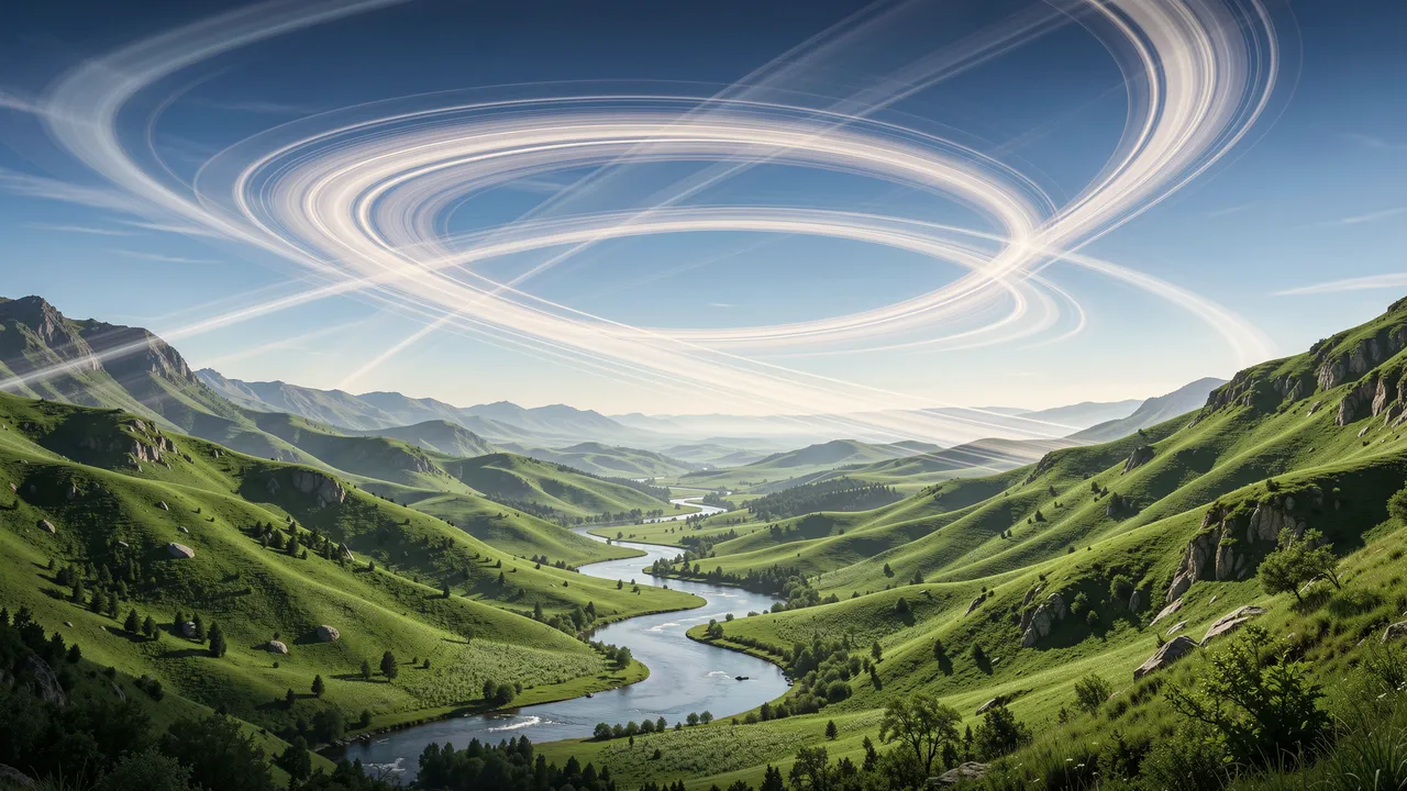 Winding river flows through rolling green hills beneath swirling planetary rings in a bright daytime alien sky