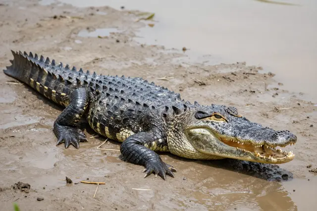 An alligator with an open mouth rests on a wet muddy river edge beside shallow murky water.