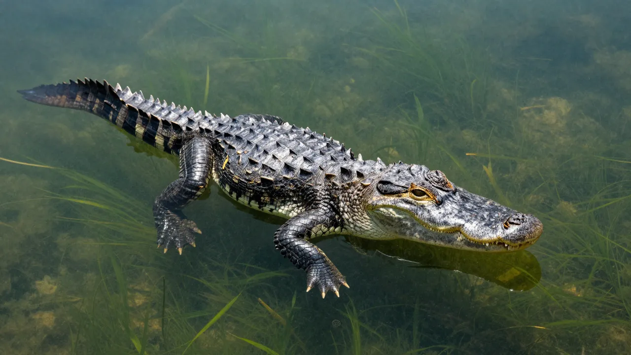 An alligator floats in clear freshwater above green aquatic weeds, close to the water surface