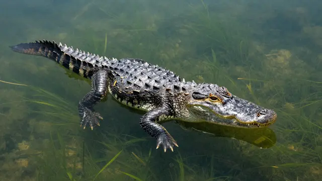 An alligator floats in clear freshwater above green aquatic weeds, close to the water surface