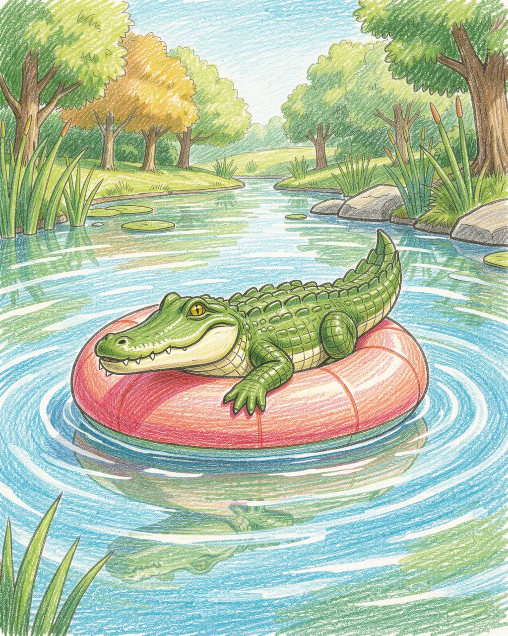 Colored pencil drawing of a cute alligator resting on a pink inflatable float in a sunny park pond