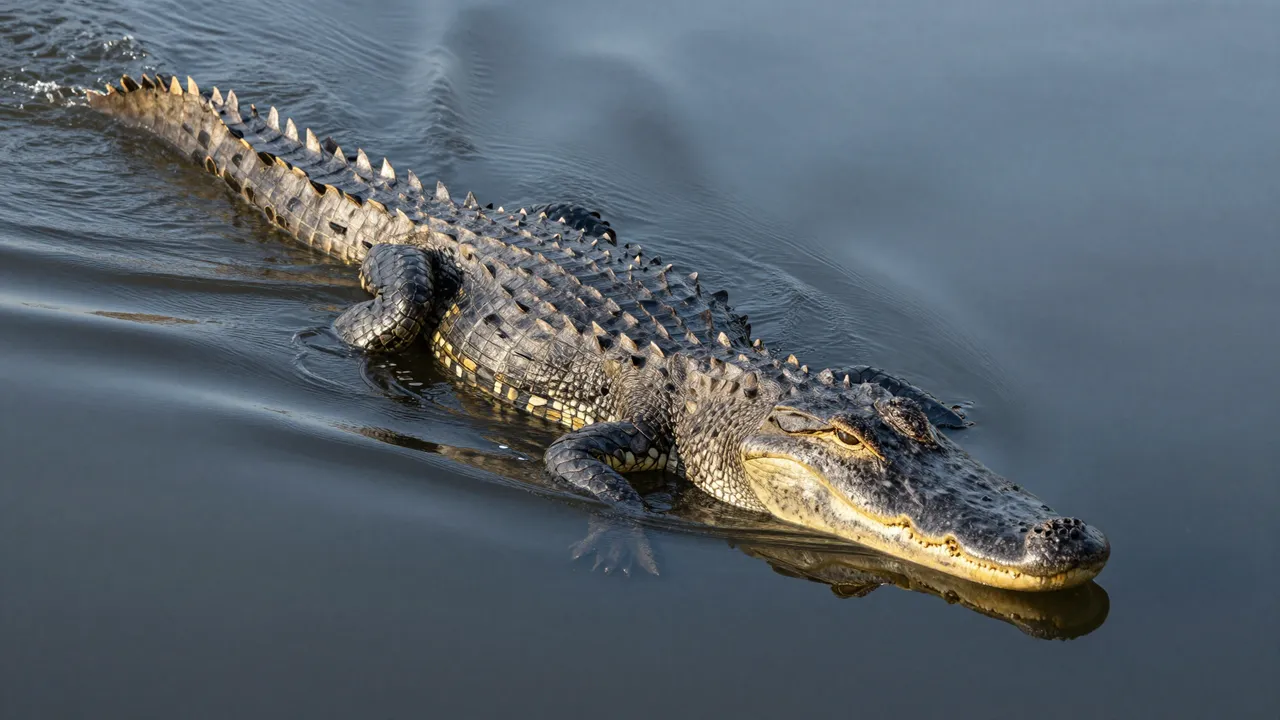 An alligator glides through calm dark canal water with a trailing wake at dawn