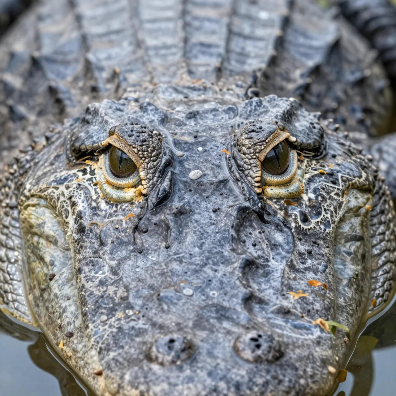 Close-up view of an alligator's head with eyes visible just above calm water surface
