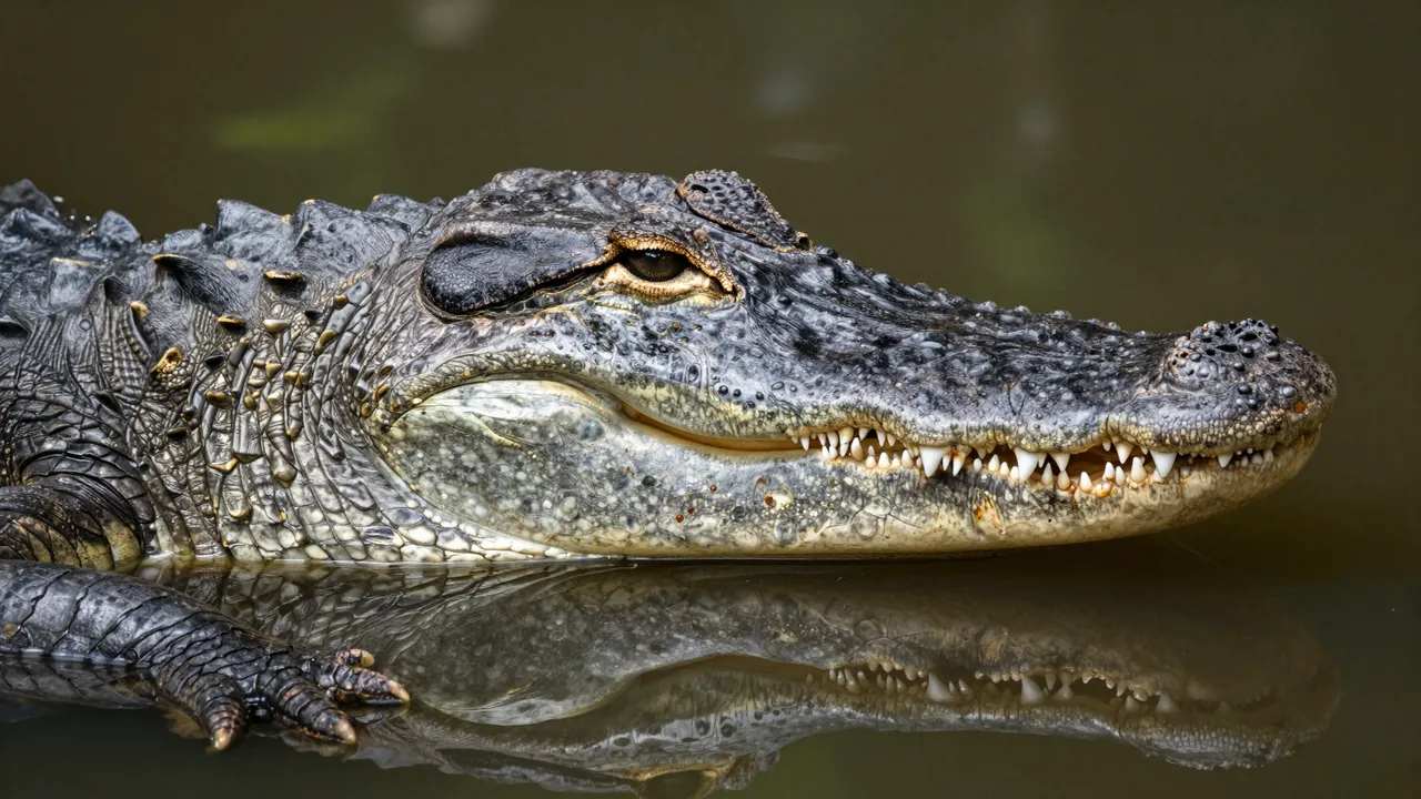 Close side view of an alligator's head resting at the water surface with a clear reflection below it.