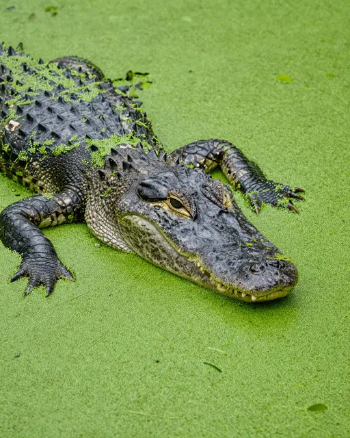 An alligator rests partially above a thick layer of bright green duckweed on the water surface