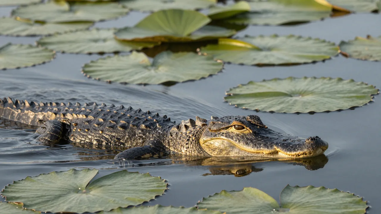 An alligator swims partially submerged through calm marsh water dotted with lily pads