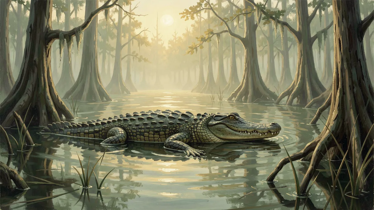 An alligator rests partially submerged in still water in a misty cypress swamp at soft golden dawn