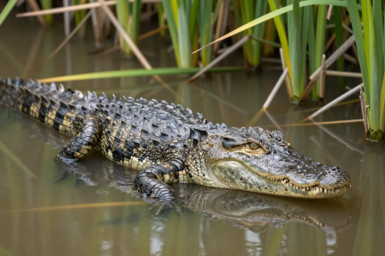 A crocodilian rests partially submerged in murky shallow water surrounded by aquatic reeds