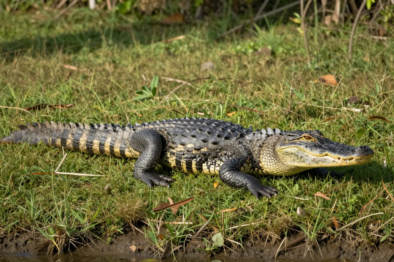 Side view of an American alligator resting on sunlit grassy wetland levee near water