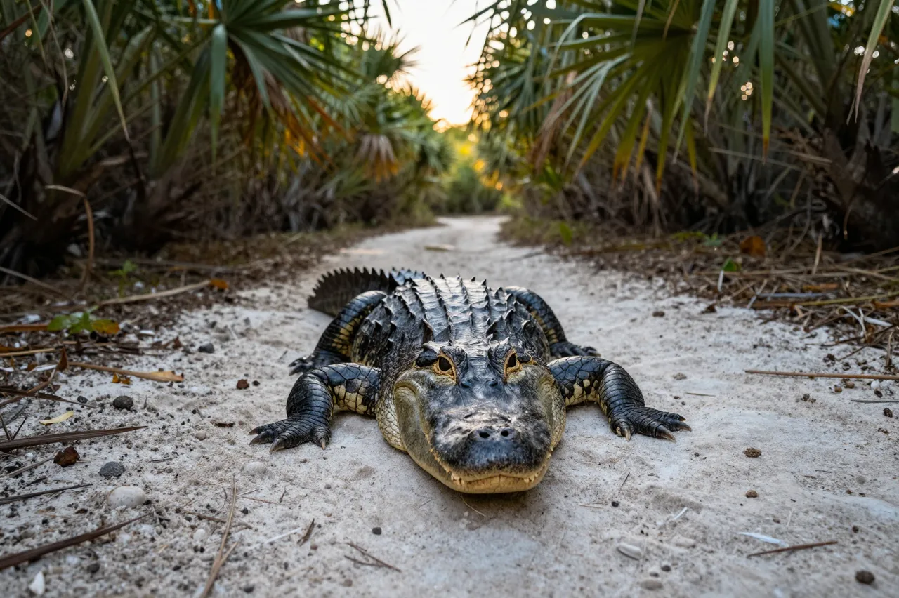 An alligator lies facing the camera on a sandy trail between palmetto thickets in warm evening light