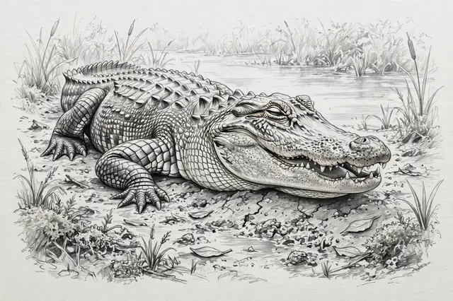 Graphite pencil sketch of a resting alligator with slightly open jaws on a muddy riverbank
