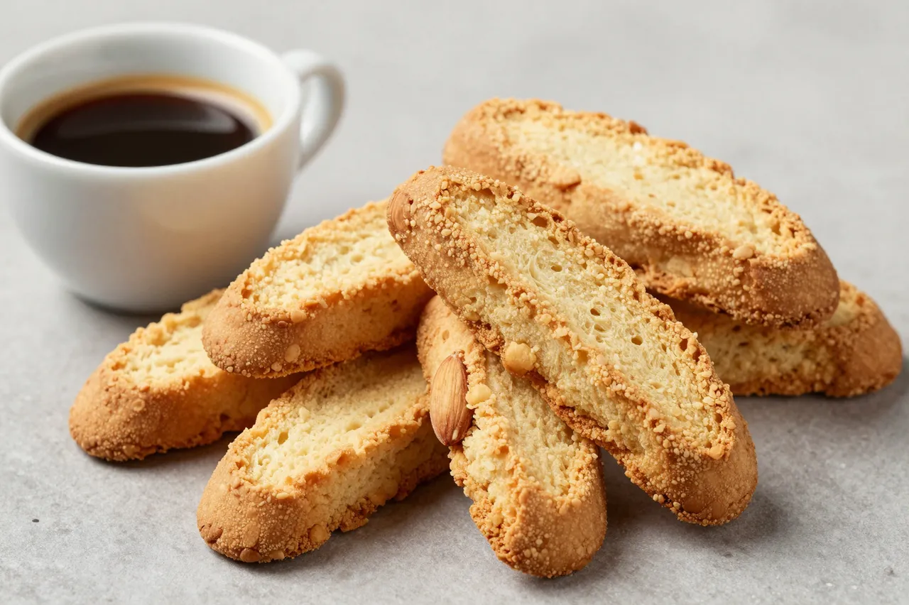 Stacked almond biscotti sit beside a small white cup of espresso on a light gray countertop