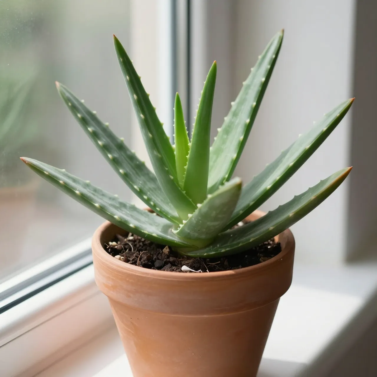 A potted aloe vera plant in a terracotta pot sits on a bright indoor windowsill.