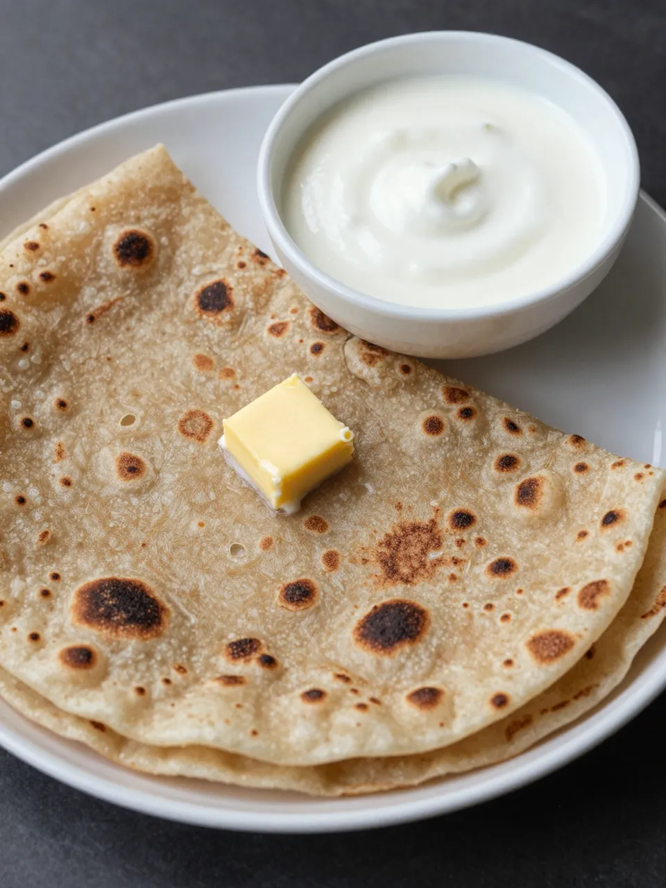 Folded aloo paratha topped with a butter pat sits on a white plate next to a bowl of plain yogurt.