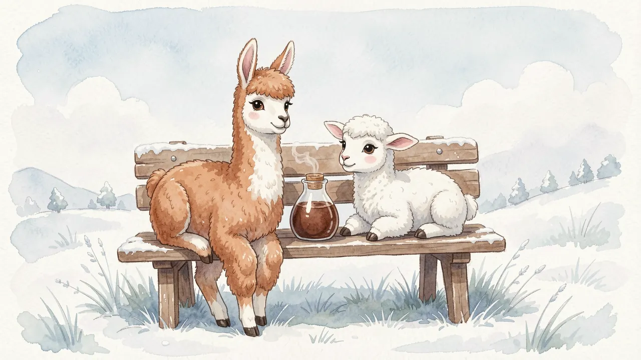 Watercolor illustration of an alpaca and lamb on a snowy bench with a flask of hot cocoa