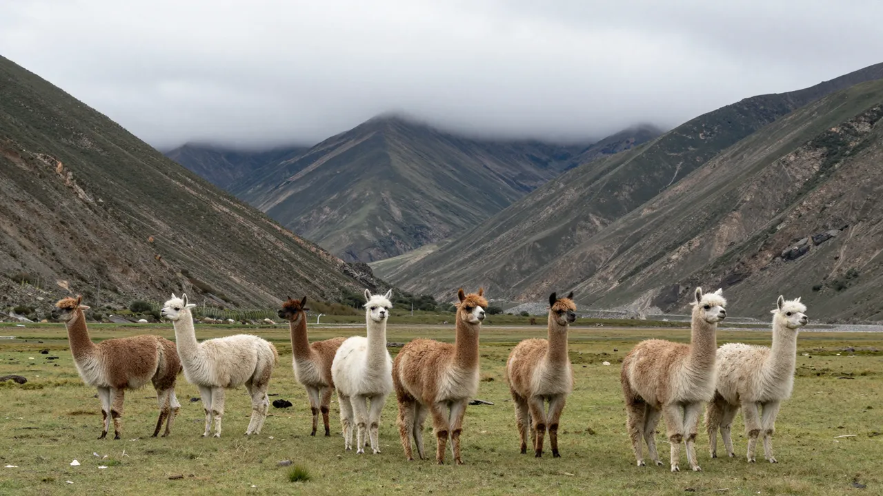 A group of alpacas stand in a grassy mountain valley beneath low overcast clouds.