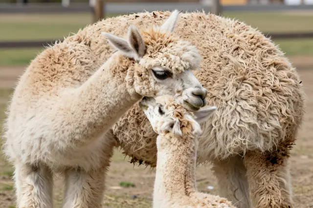 A fluffy adult alpaca gently nuzzles its small cria in an outdoor paddock