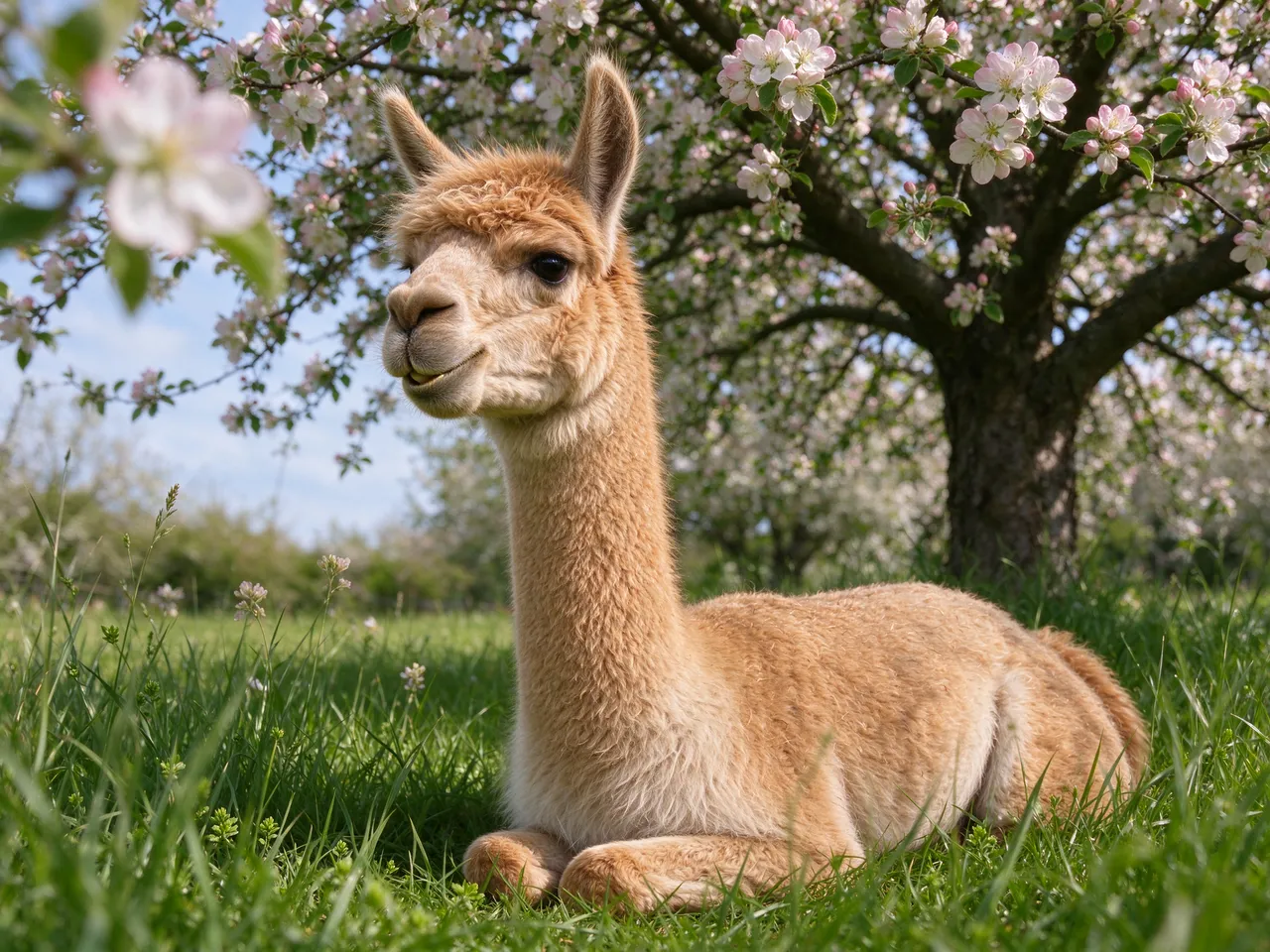 A light brown fluffy alpaca lies in long grass under a flowering apple tree in soft spring sunlight.