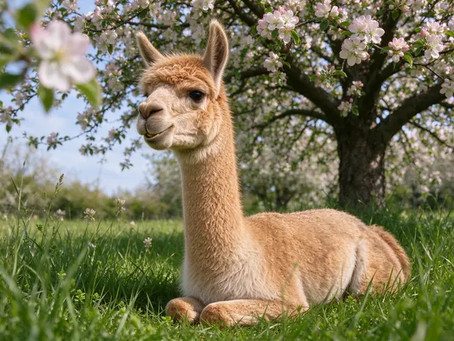A light brown fluffy alpaca lies in long grass under a flowering apple tree in soft spring sunlight.
