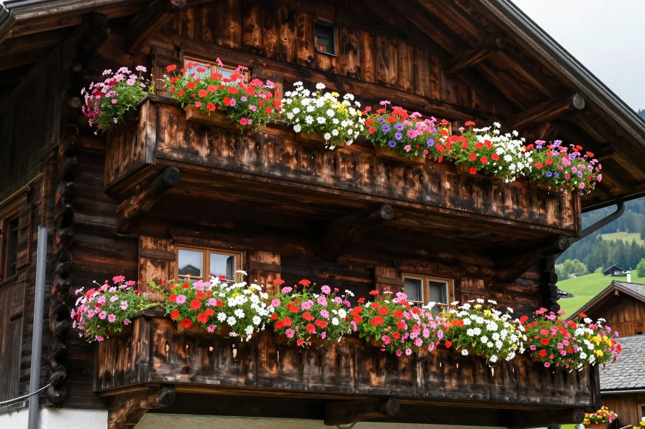 Weathered wooden Austrian farmhouse with overflowing flower boxes on two stacked balconies, alpine meadow in the background