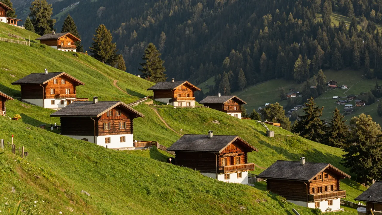 Wooden Swiss chalets sit clustered on sunlit steep green mountain slopes at golden hour.