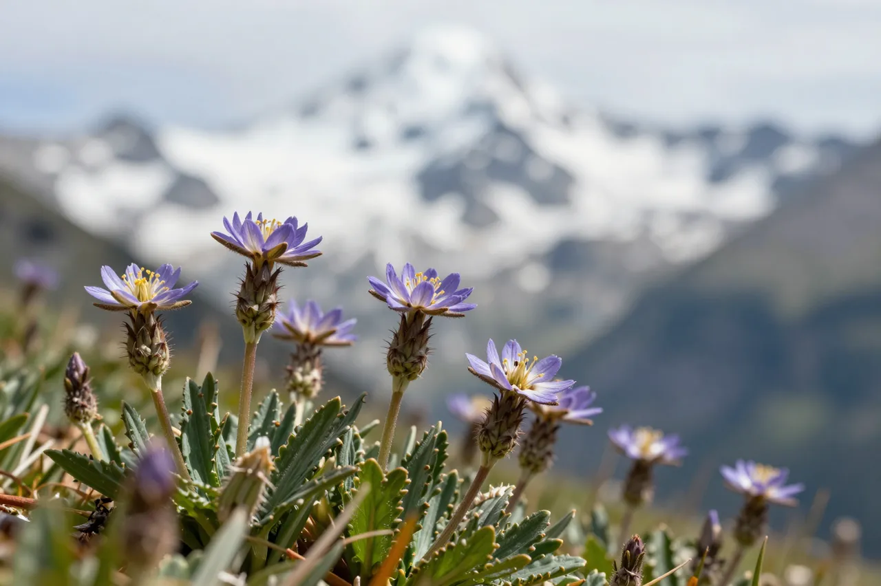 Close-up of delicate purple alpine wildflowers with a soft blurred snowy mountain peak in the background