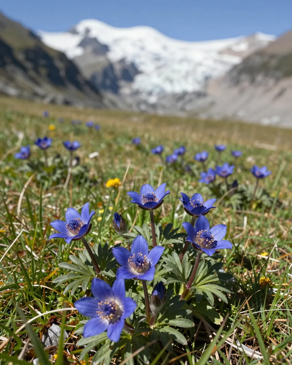 Deep blue alpine flowers grow in short meadow grass with a snow-capped glacier under bright midday sun