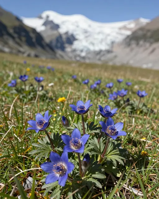 Deep blue alpine flowers grow in short meadow grass with a snow-capped glacier under bright midday sun