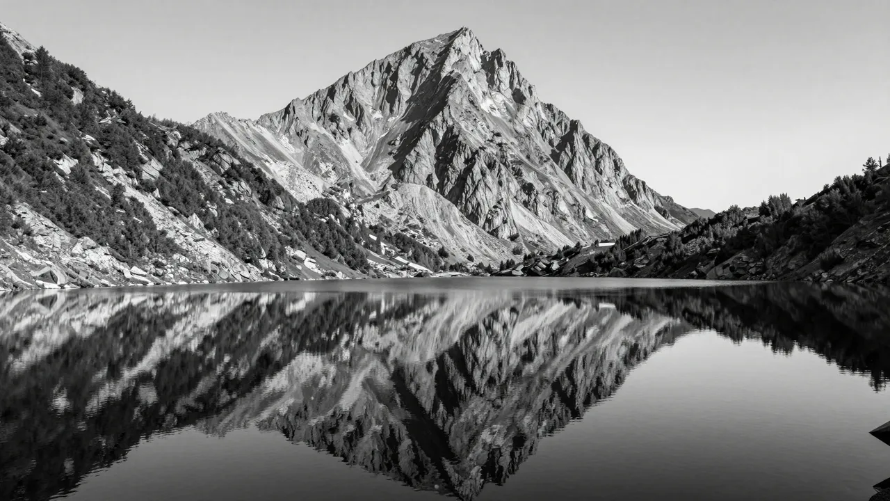 A black and white view of a calm glassy alpine lake reflecting a sharp steep mountain peak