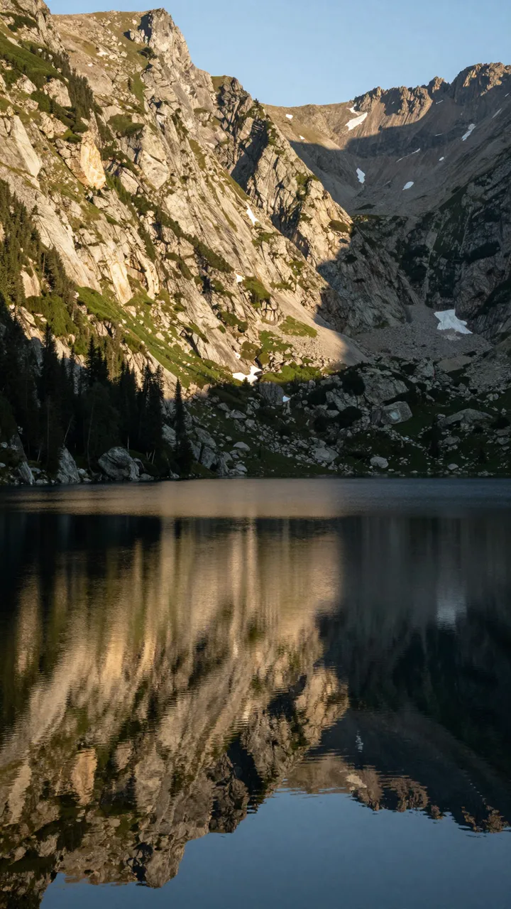 Calm mountain lake reflects sunlit rocky alpine peaks and forest under a clear pale sky at sunrise