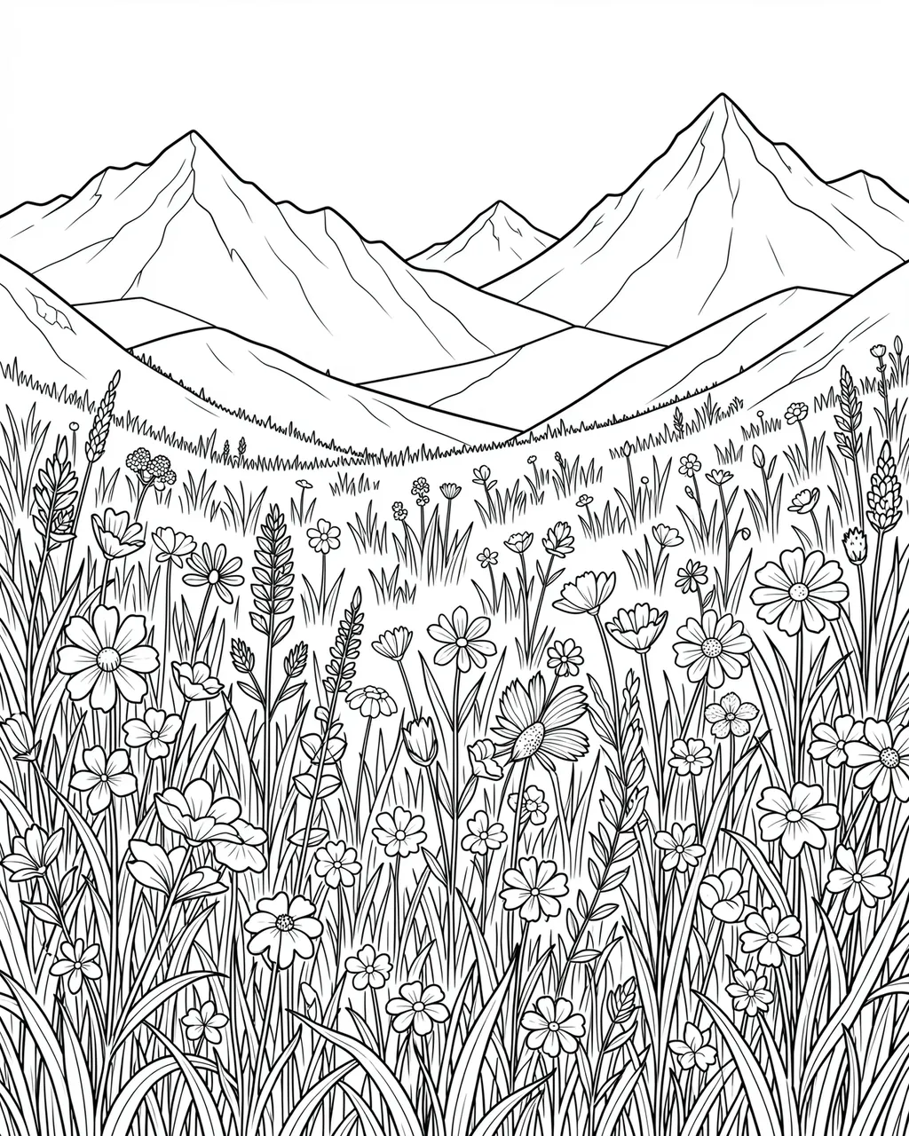 Black and white line art of a wildflower alpine meadow with distant mountain peaks.
