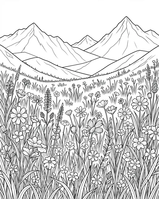 Black and white line art of a wildflower alpine meadow with distant mountain peaks.