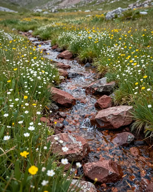 A clear mountain creek flows over reddish stones between banks dotted with tiny white and yellow alpine wildflowers.