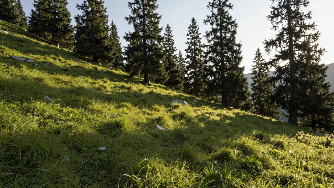 Low warm evening light casts long pine shadows across a sloped alpine meadow at treeline